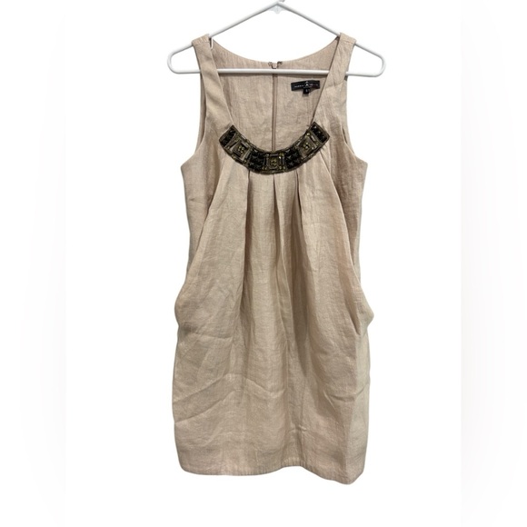 Alexia Admor Jewel Stone Crystal Neck Pleated Trapeze Dress Shimmer Taupe Tan S - Picture 1 of 11